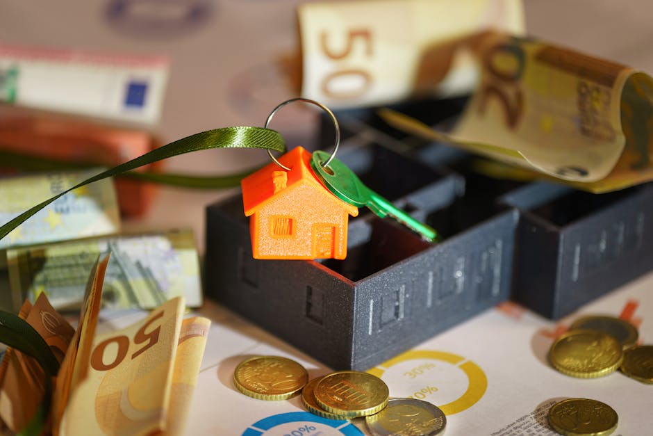 Close-up image of a black plastic house key attached to an orange and green house-shaped keyring, resting on a surface covered with Euro banknotes and gold coins, with additional banknotes partially visible in the background. The scene suggests financial considerations related to home relocation and moving costs, with the key symbolising property transfer. This setup is positioned on a table or work surface, possibly in a residential or office environment, and is associated with furniture transport and packing during a house move. The image reflects the process of preparing for a house removal, emphasizing affordability and costs involved, aligned with [PAGE_TITLE] and services offered by Pimlico Removals.